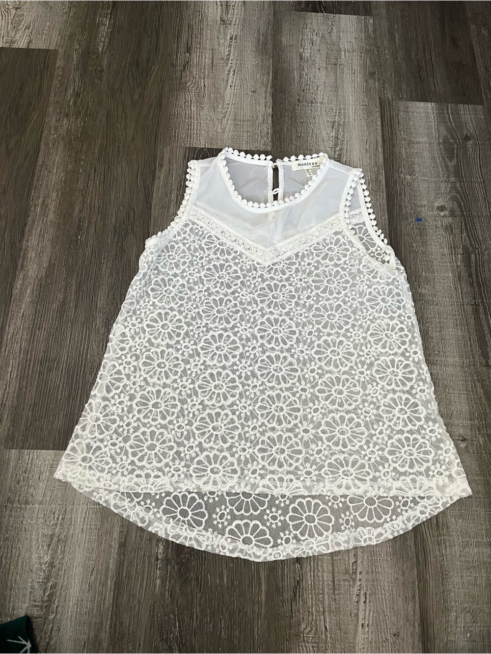 Monteau White Floral Lace Pom-Pom Trim Sleeveless Top